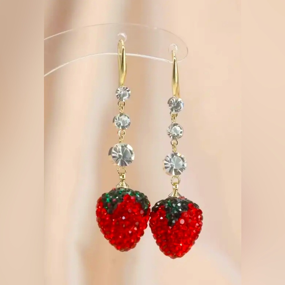 Vibrant Red and Gold Rhinestone Strawberry Earrings